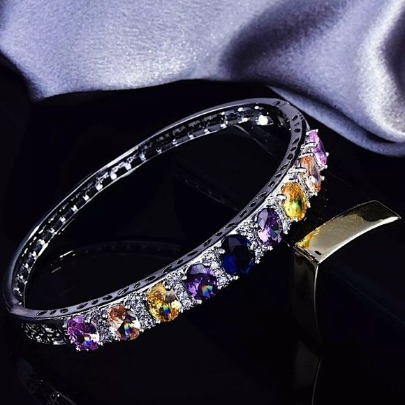 Multicolor Cubic Zirconia Sterling Silver Bangle Bracelet - Picture 3 of 5